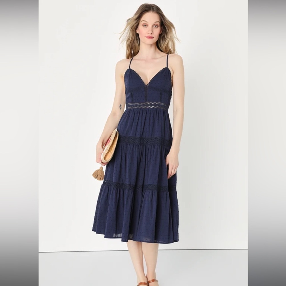 Lulus NWT, Summery Sight Navy Swiss Dot Lace Backless Tiered Midi Dress